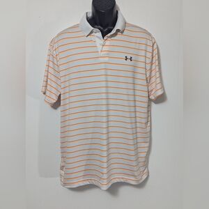 Men's Under Armour White and Orange Striped Heat Gear Polo Size Large